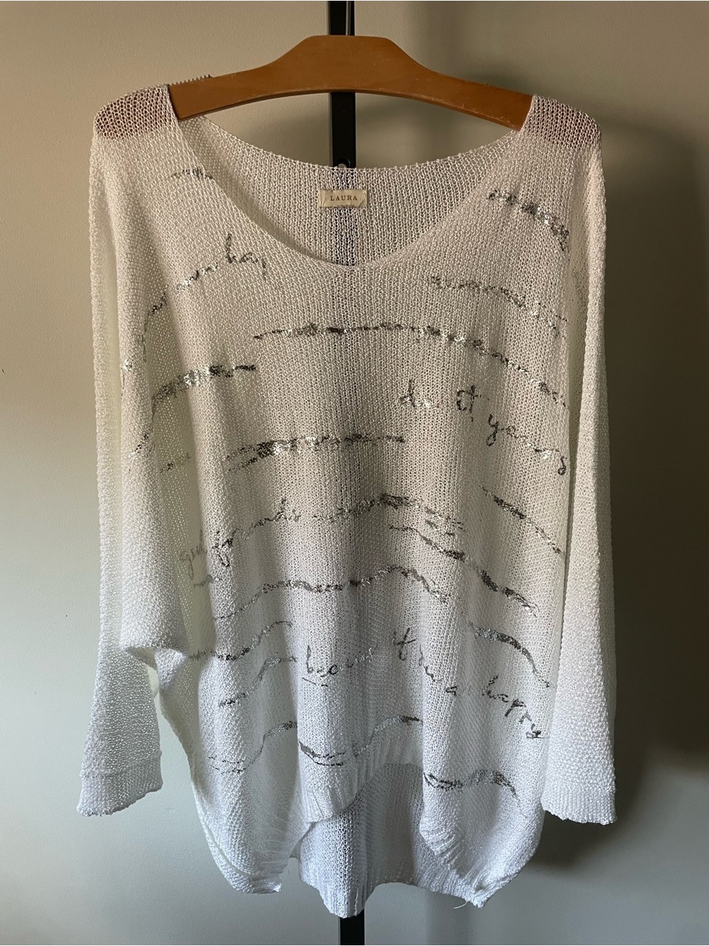 Laura White Open Knit Sequin Graphic Dolman Sleeve Sweater Slouchy White Silver